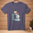 Melting snowman drinking from a fountain labeled "Refreshing".