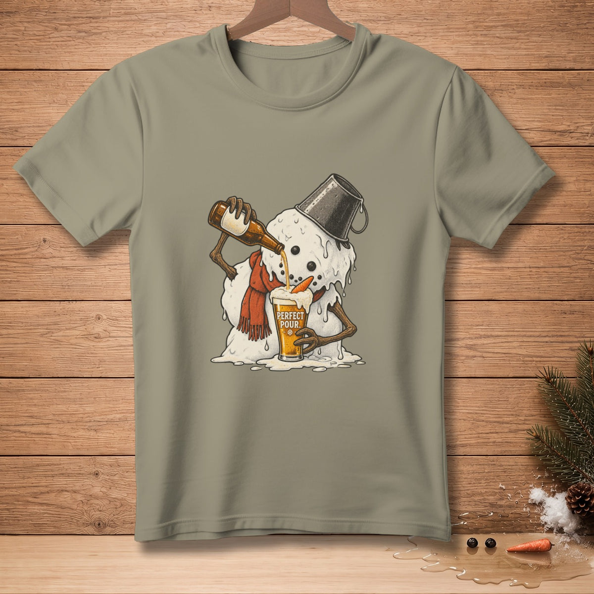 Melting snowman pouring beer into glass with text "Perfect Pour".