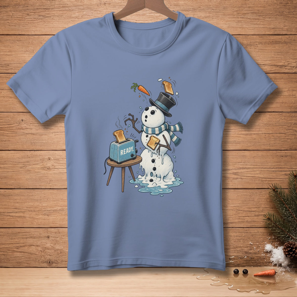 Melting snowman in hat and scarf with toast and a toaster that says "READY".