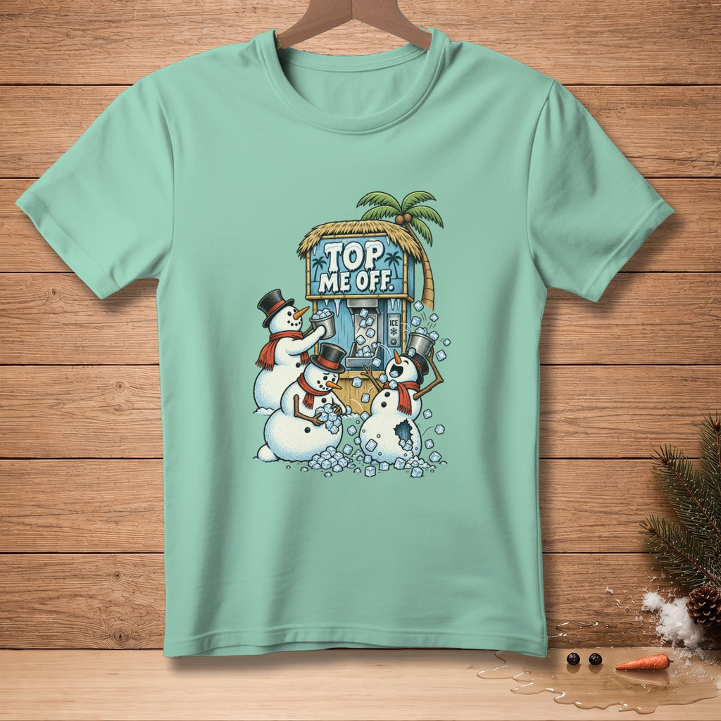 Snowmen making drinks at a tropical shack with text "TOP ME OFF".