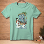Snowmen making drinks at a tropical shack with text "TOP ME OFF".