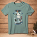 Snowman in a wind tunnel with a sign that reads "I'm flying."