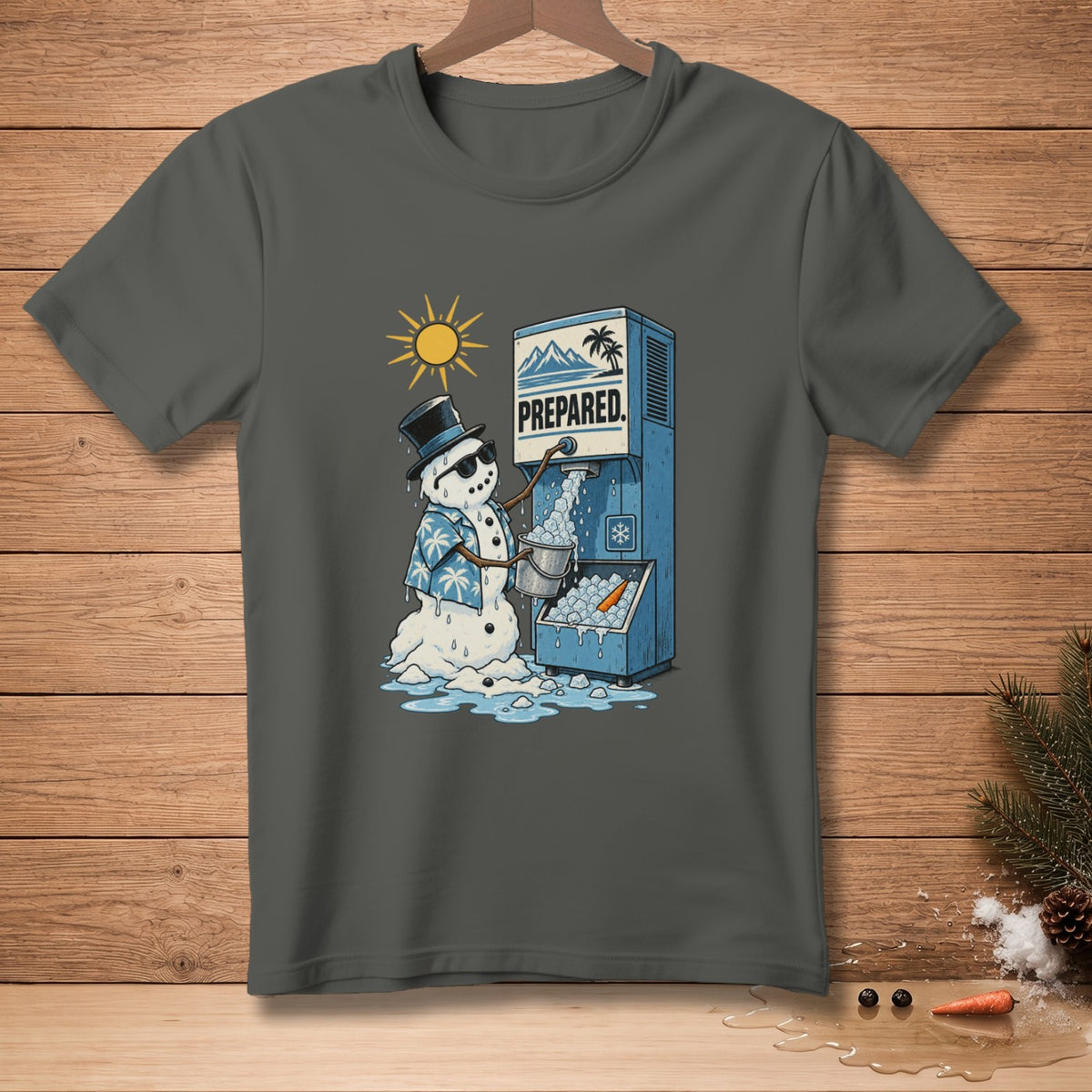 Snowman in Hawaiian shirt making ice with text "PREPARED"
