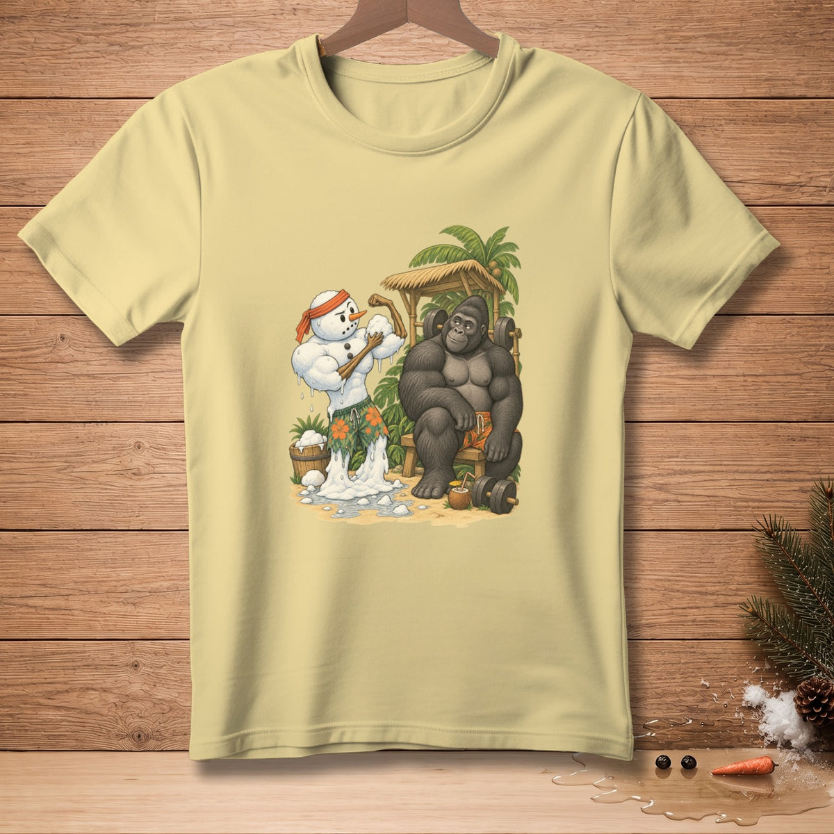 Muscle snowman flexing next to a gorilla by a tiki bar with weights.