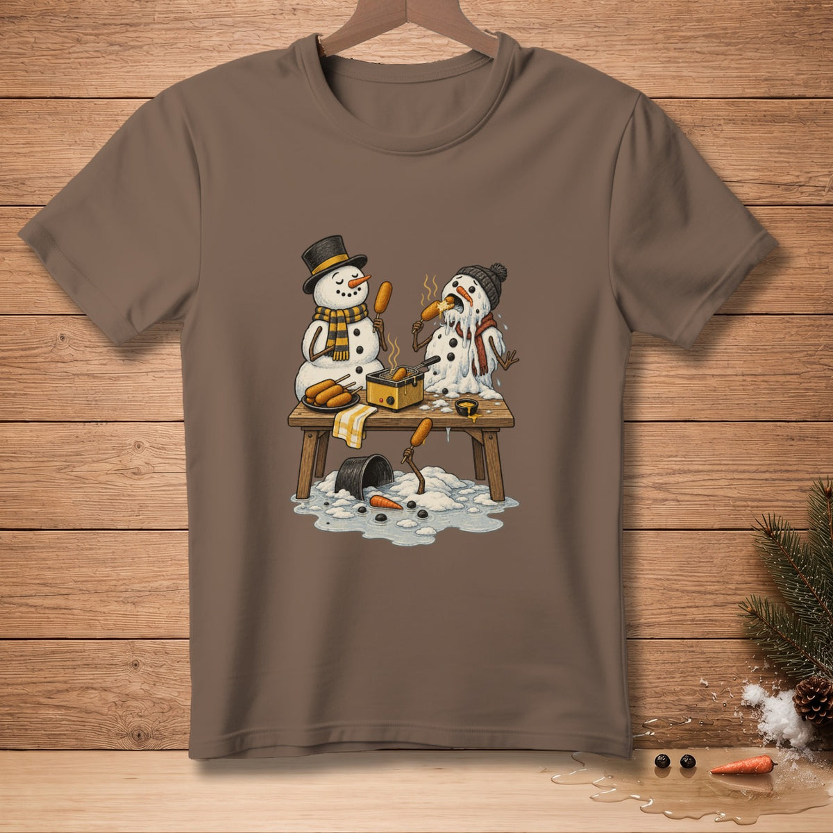Snowmen melting while trying to cook corn dogs at a picnic table.