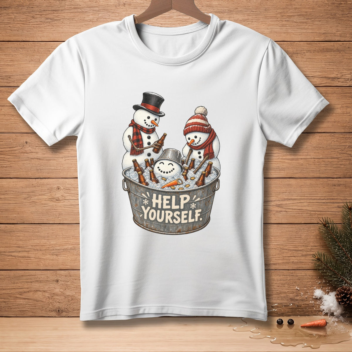 White t-shirt with a graphic of snowmen in a bucket of ice with beer and the text "HELP YOURSELF".