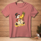 Melting snowman in top hat eating a pineapple slice on a pink t-shirt.