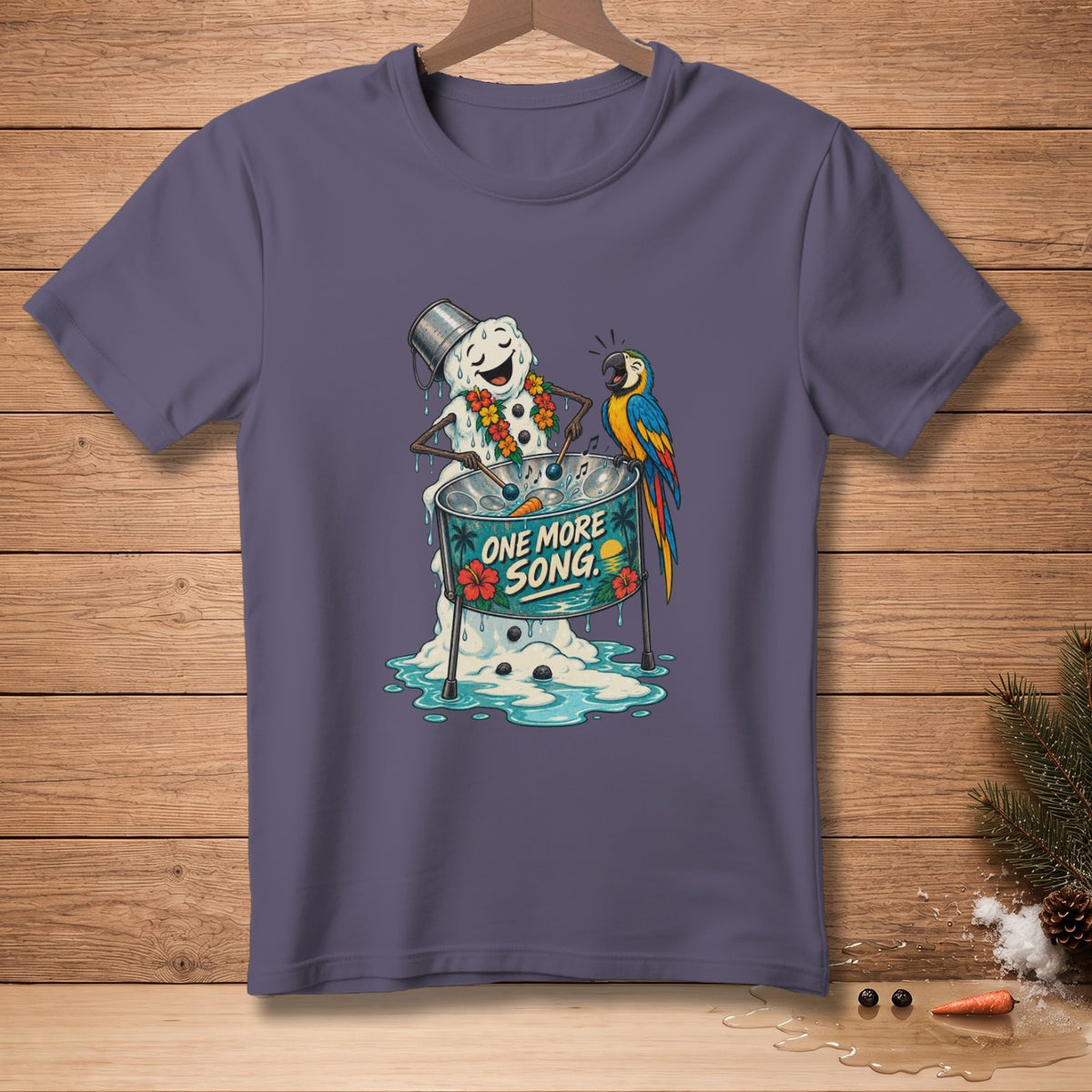 Melting snowman playing steel drum with parrot, text "ONE MORE SONG".