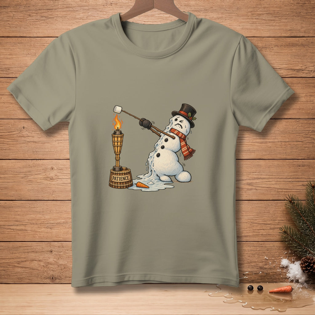 Melting snowman trying to toast a marshmallow over a flame with "Patience" written on a bucket.