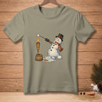 Melting snowman trying to toast a marshmallow over a flame with "Patience" written on a bucket.