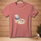 Pink t-shirt featuring a melting snowman in a cooler with a scarf and stick.