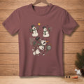 Snowman exploding with text "MORE POWER" on maroon t-shirt.