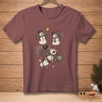 Snowman exploding with text "MORE POWER" on maroon t-shirt.