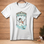 White t-shirt with a melting snowman at a "Misting Station AHHHHH".