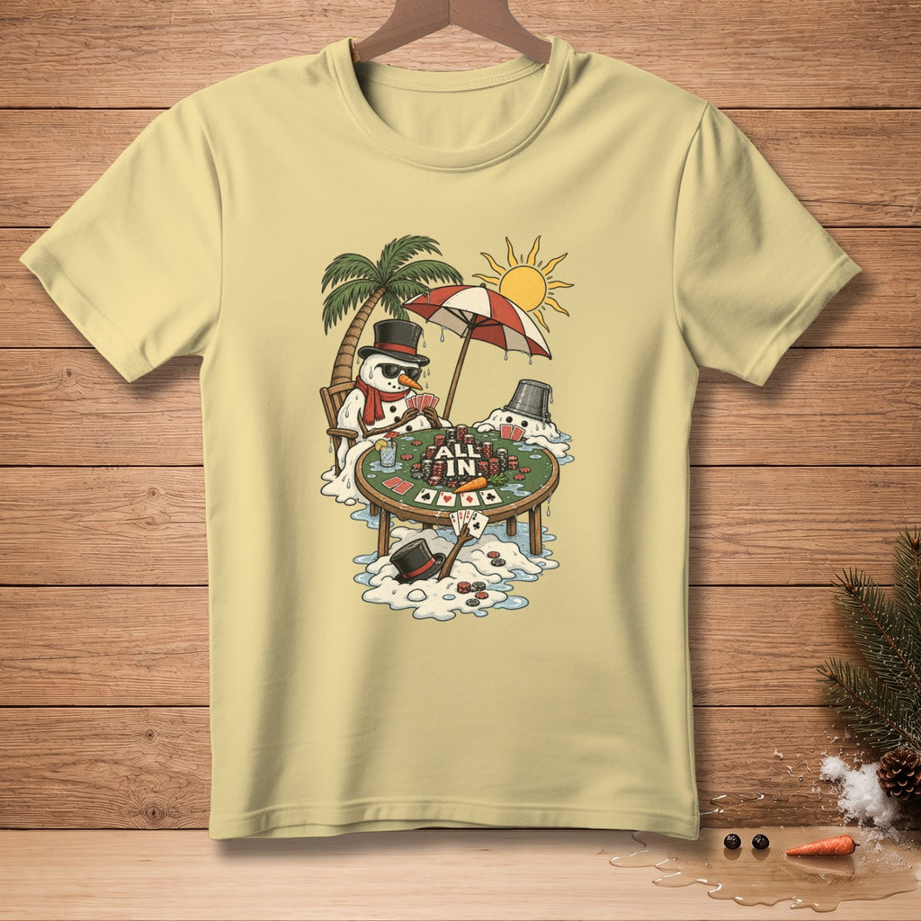 Snowman playing poker under a palm tree, with text "ALL IN".
