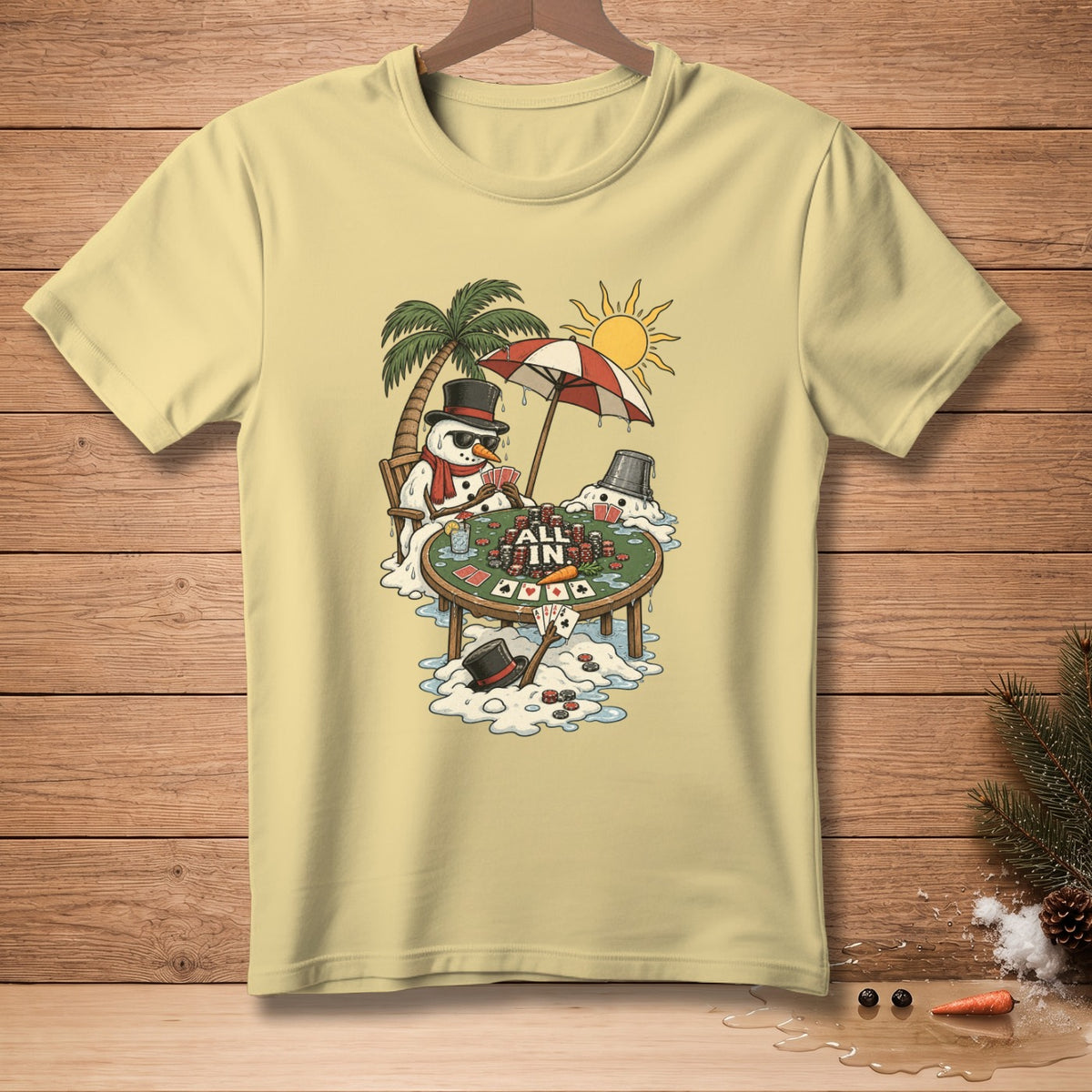Snowman playing poker under a palm tree, with text "ALL IN".
