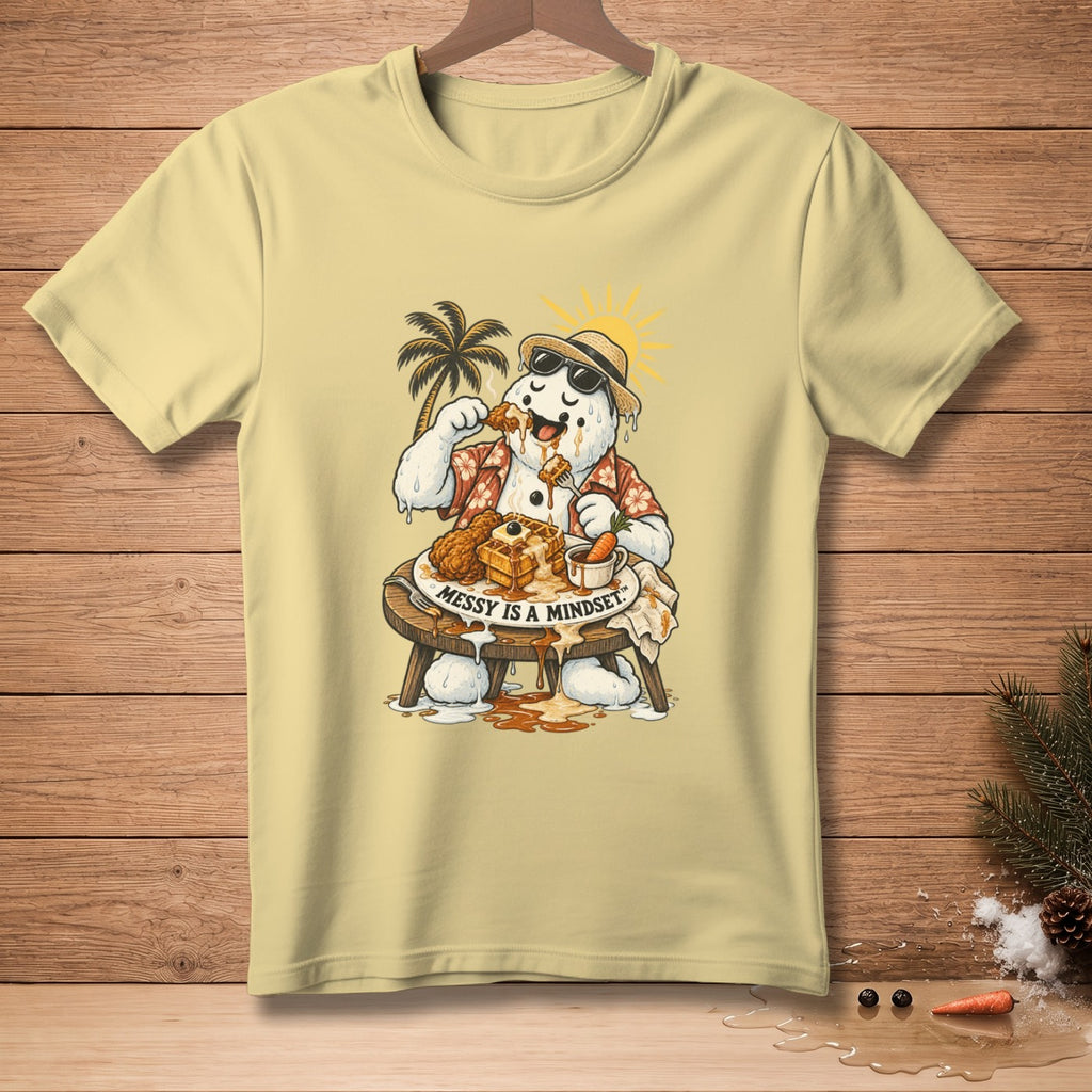 Snowman eating fried chicken and waffles with text "Messy is a mindset".