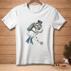 Snowman in scuba gear with "DEEP THOUGHTS" on tank, swimming with fish.
