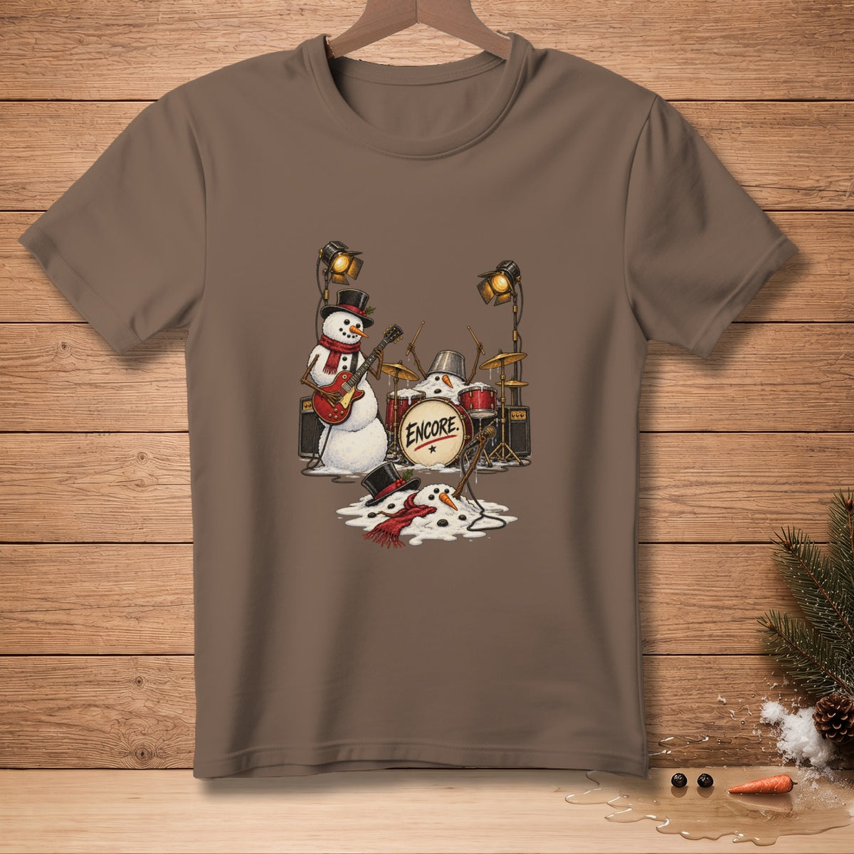 Melting snowmen play a rock concert with drums and guitar, saying "Encore".