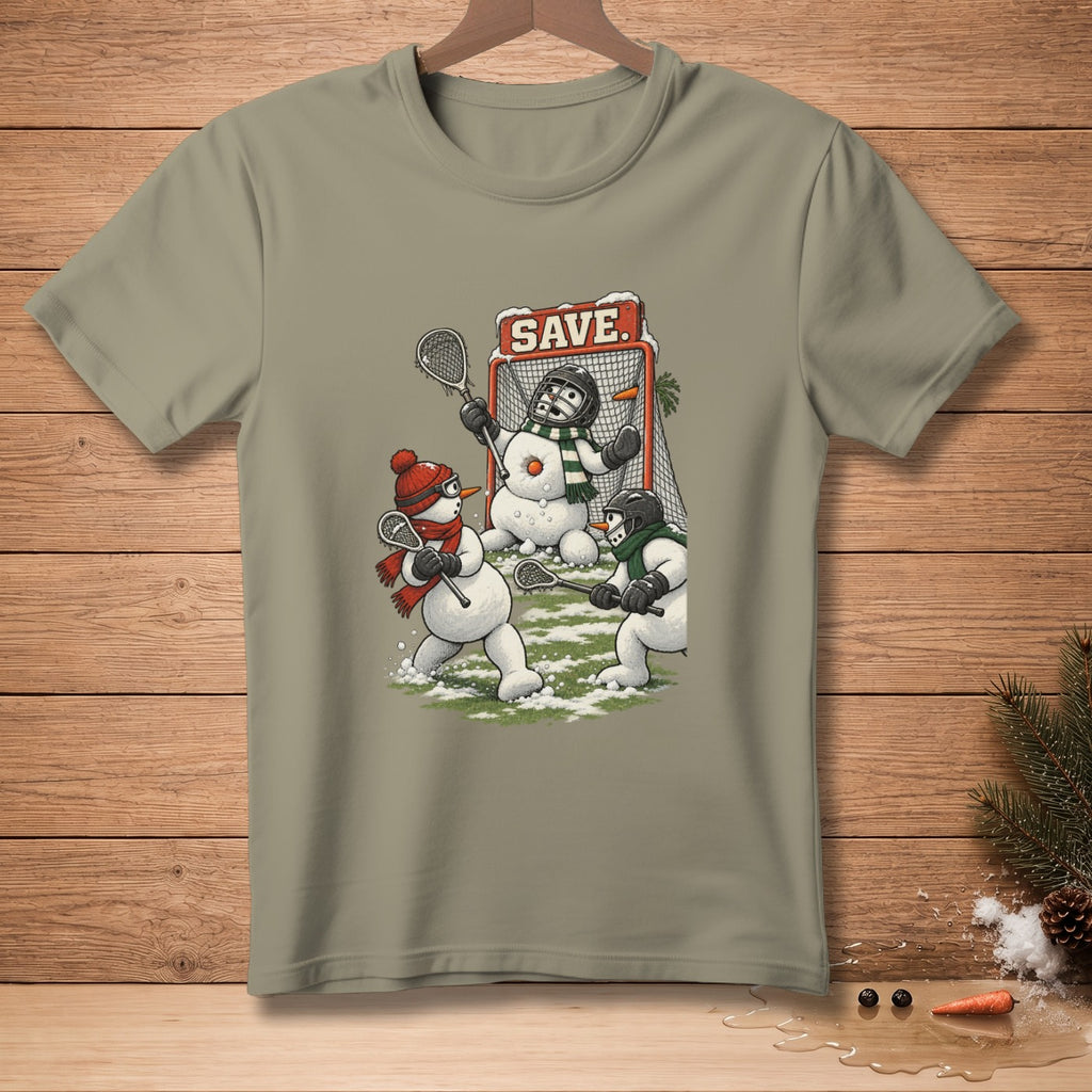 Snowmen playing lacrosse with "SAVE." sign above the net.