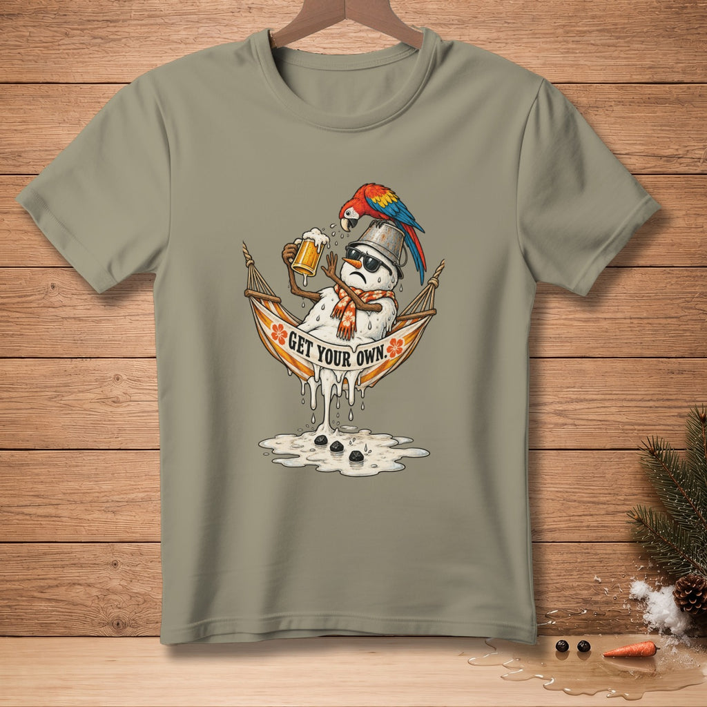Melting snowman in hammock with beer and parrot, text "GET YOUR OWN."
