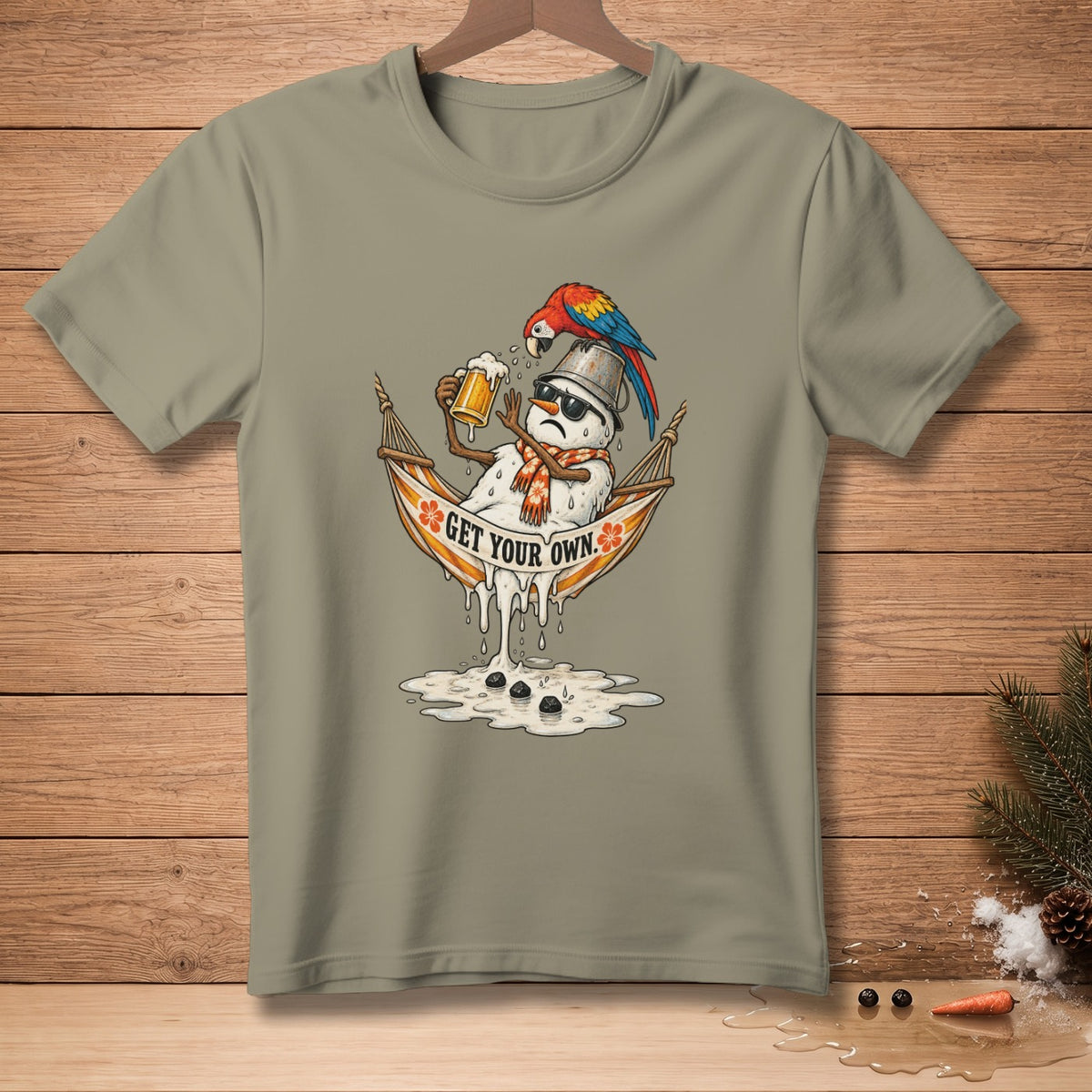 Melting snowman in hammock with beer and parrot, text "GET YOUR OWN."