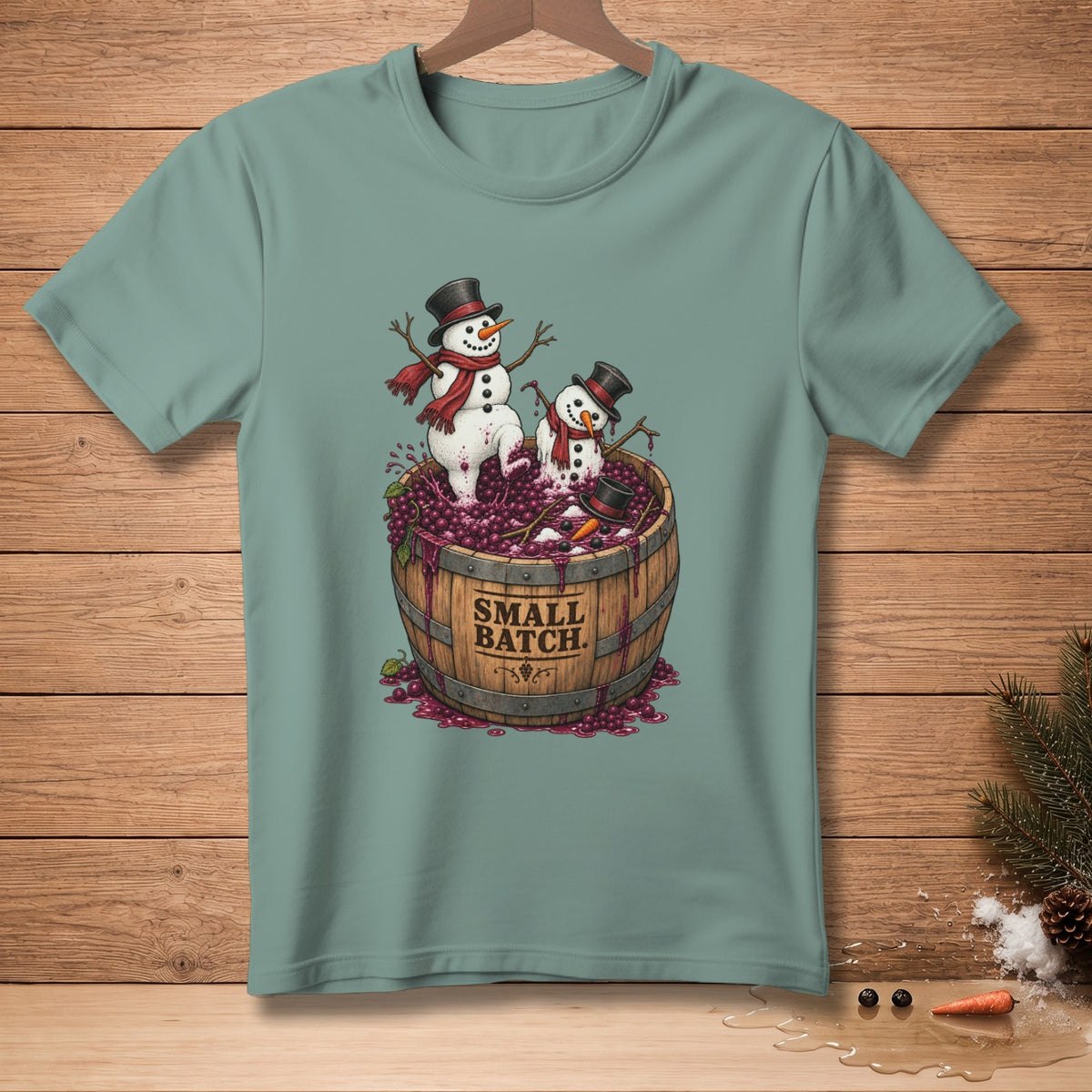 Two snowmen in a wine barrel filled with grapes, with text "SMALL BATCH".