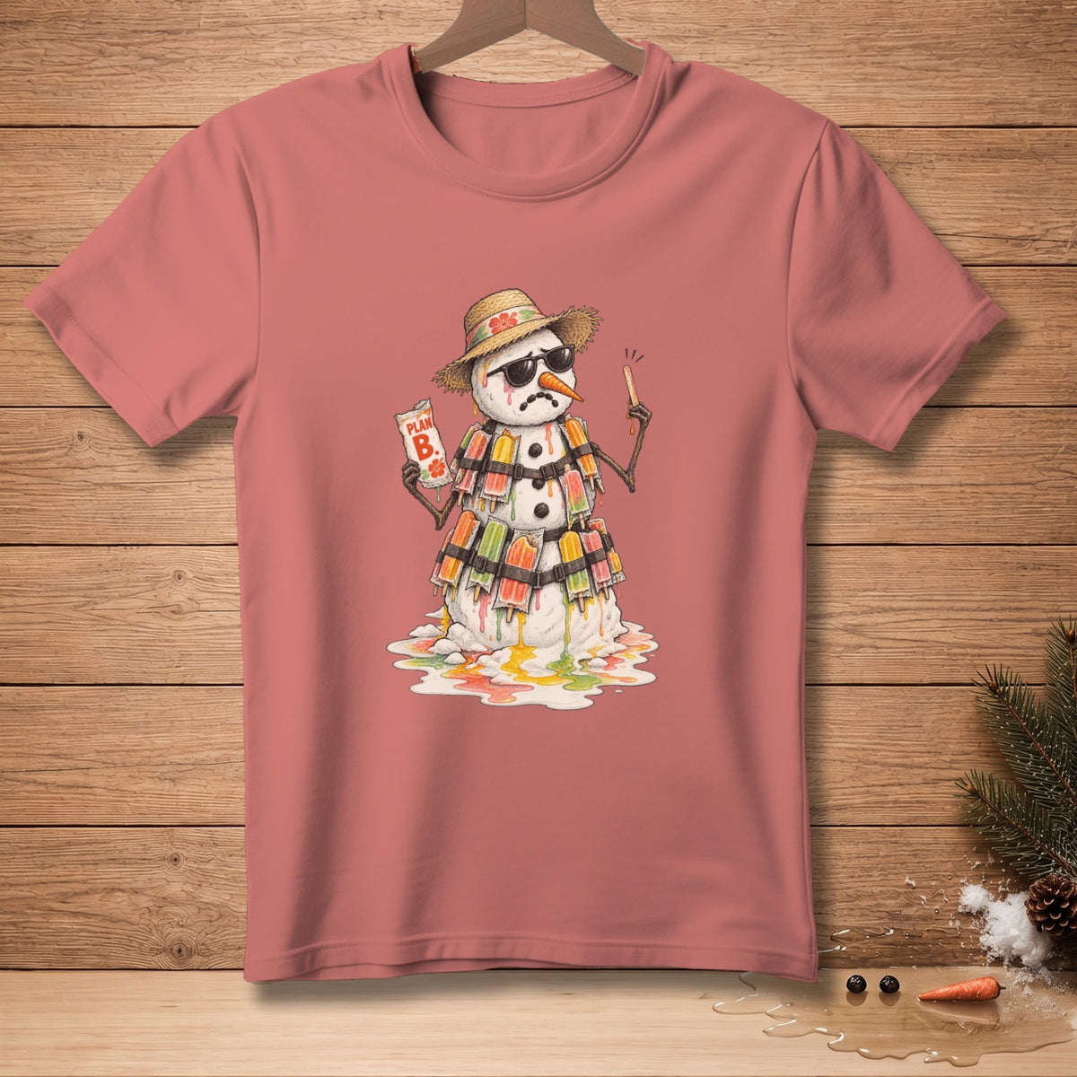 T-shirt with a melting snowman wearing sunglasses and holding a popsicle.