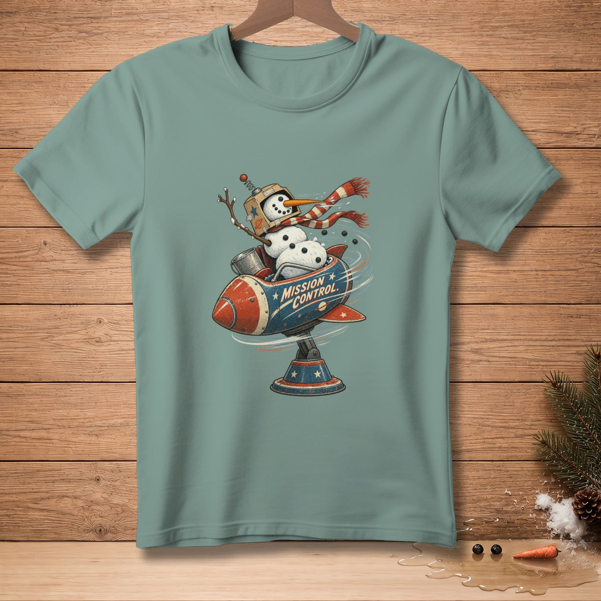 Snowman in a rocket with "Mission Control" text on a light teal t-shirt.