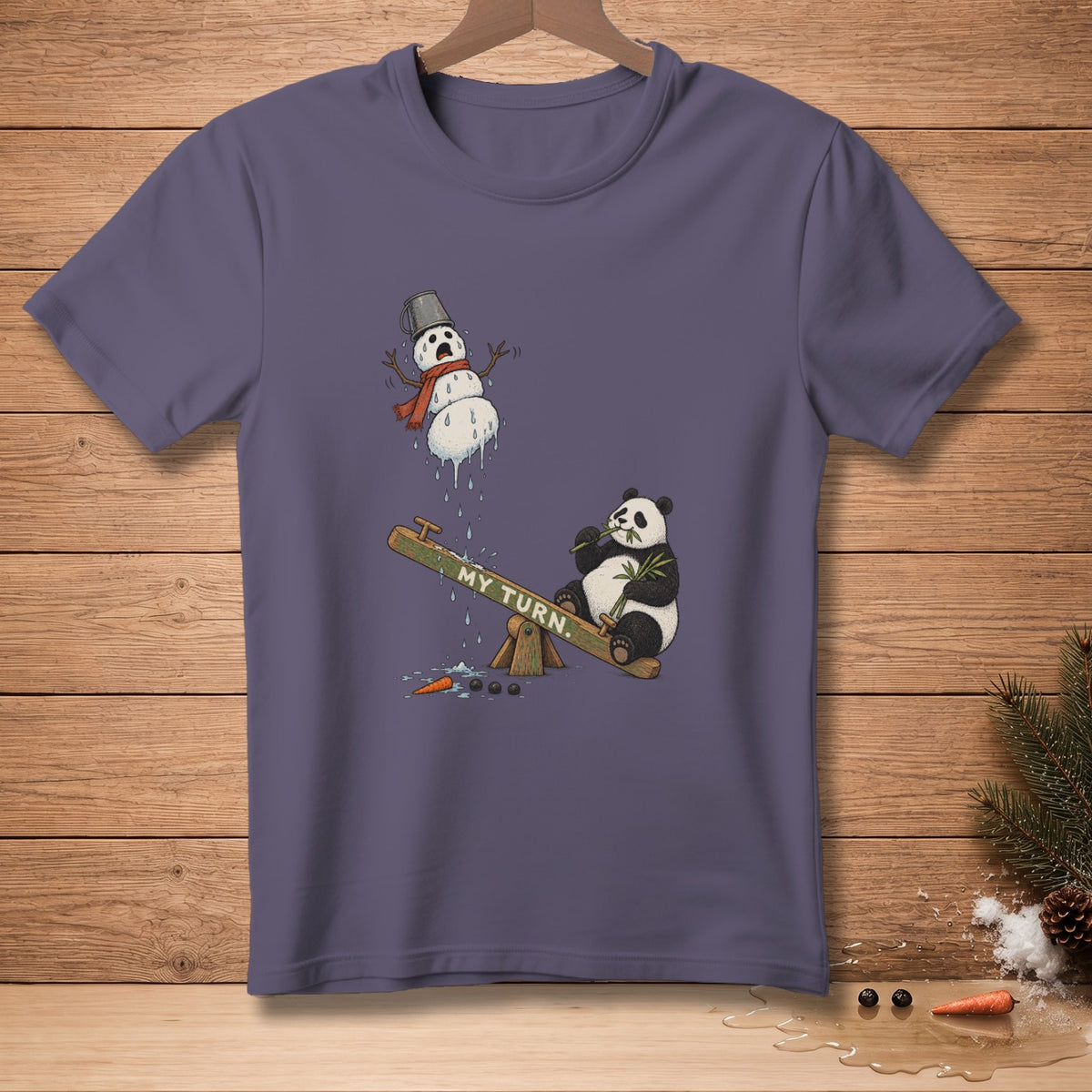 Melting snowman and panda on seesaw with text "MY TURN" printed.