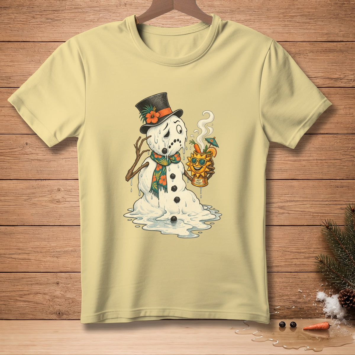 Melting snowman in a top hat holding a hot toddy drink with a sunny face.