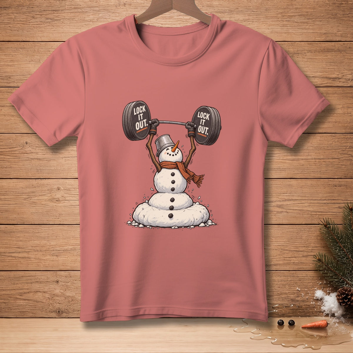 Snowman lifting a barbell with "LOCK IT OUT" text on weight plates.