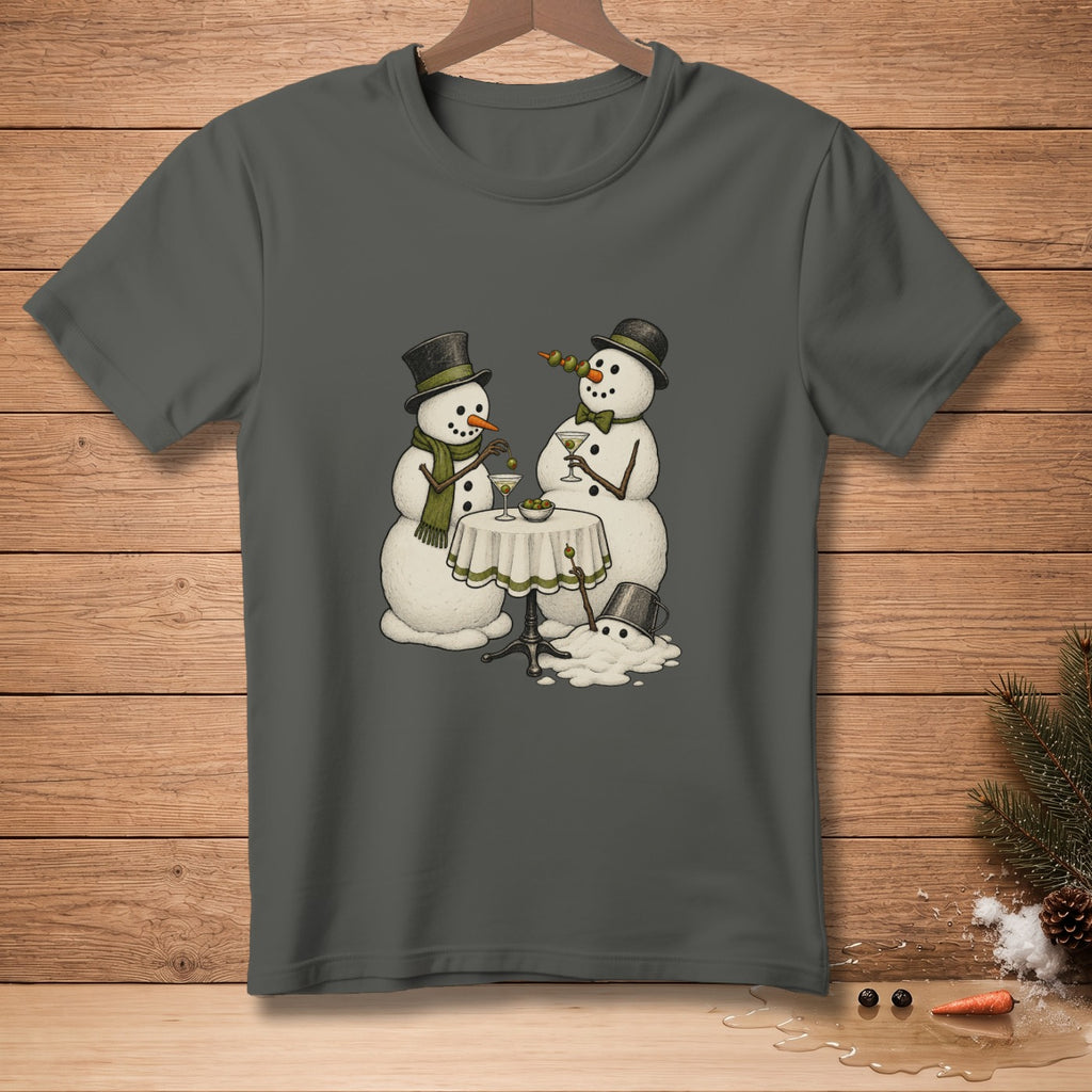 Two dapper snowmen with top hats enjoy martinis at a table with a melting snowman.