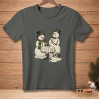 Two dapper snowmen with top hats enjoy martinis at a table with a melting snowman.