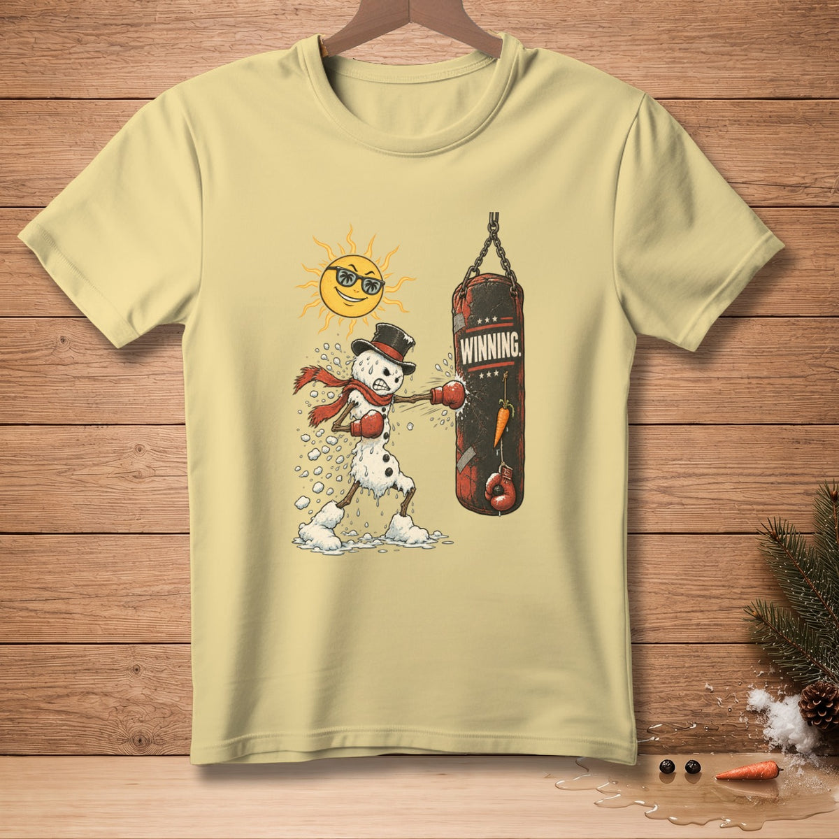 Snowman in boxing gloves punches a punching bag with the word "WINNING."