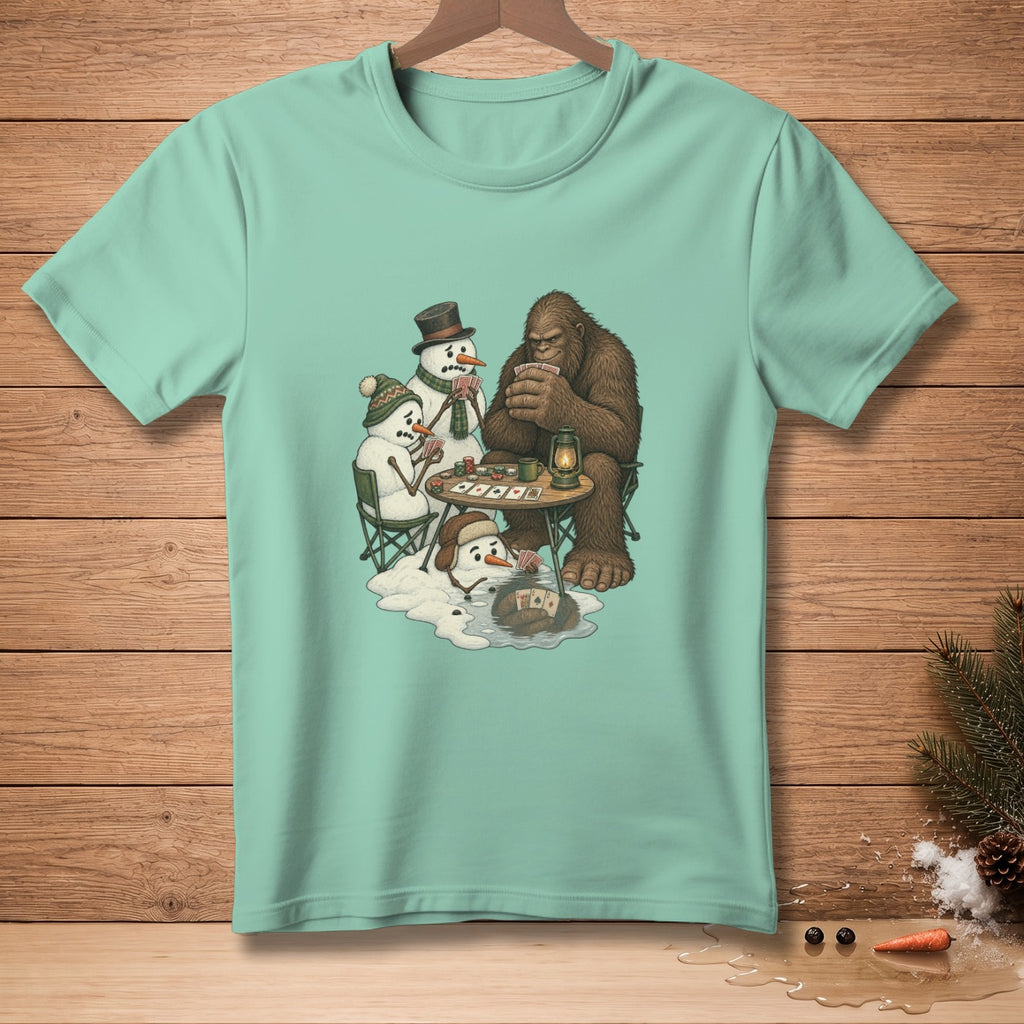 Bigfoot plays poker with snowmen.