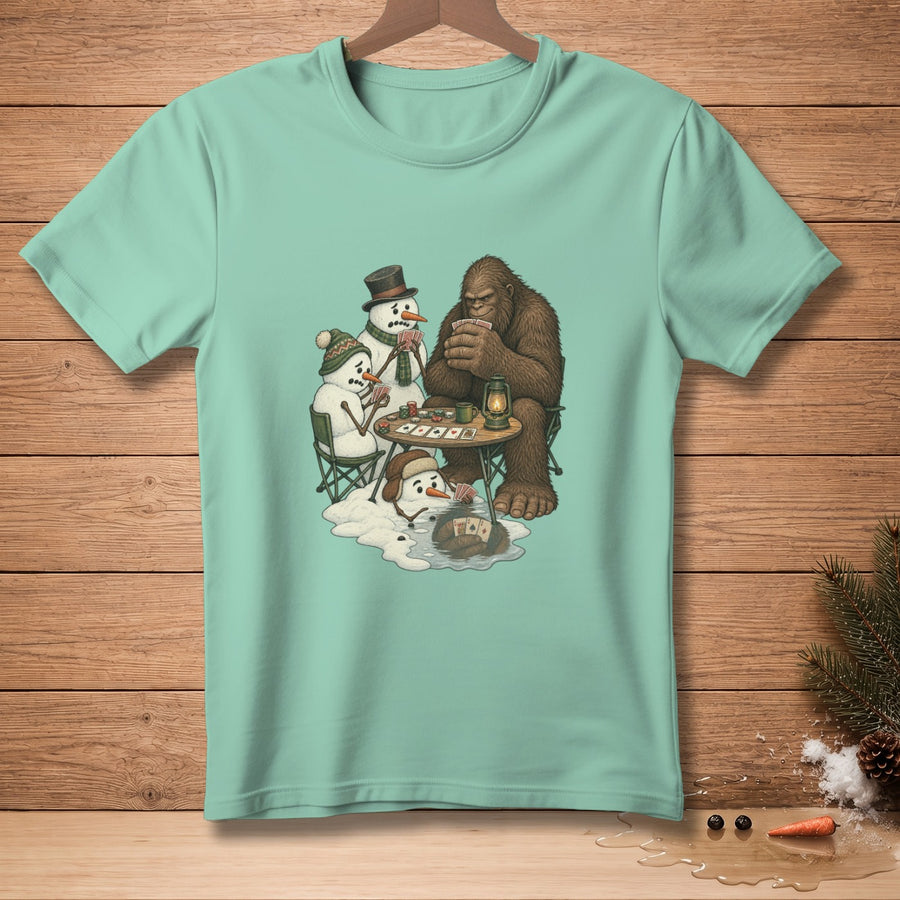 Bigfoot plays poker with snowmen.