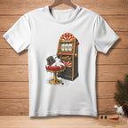 Snowman melts on stool next to slot machine on white t-shirt.