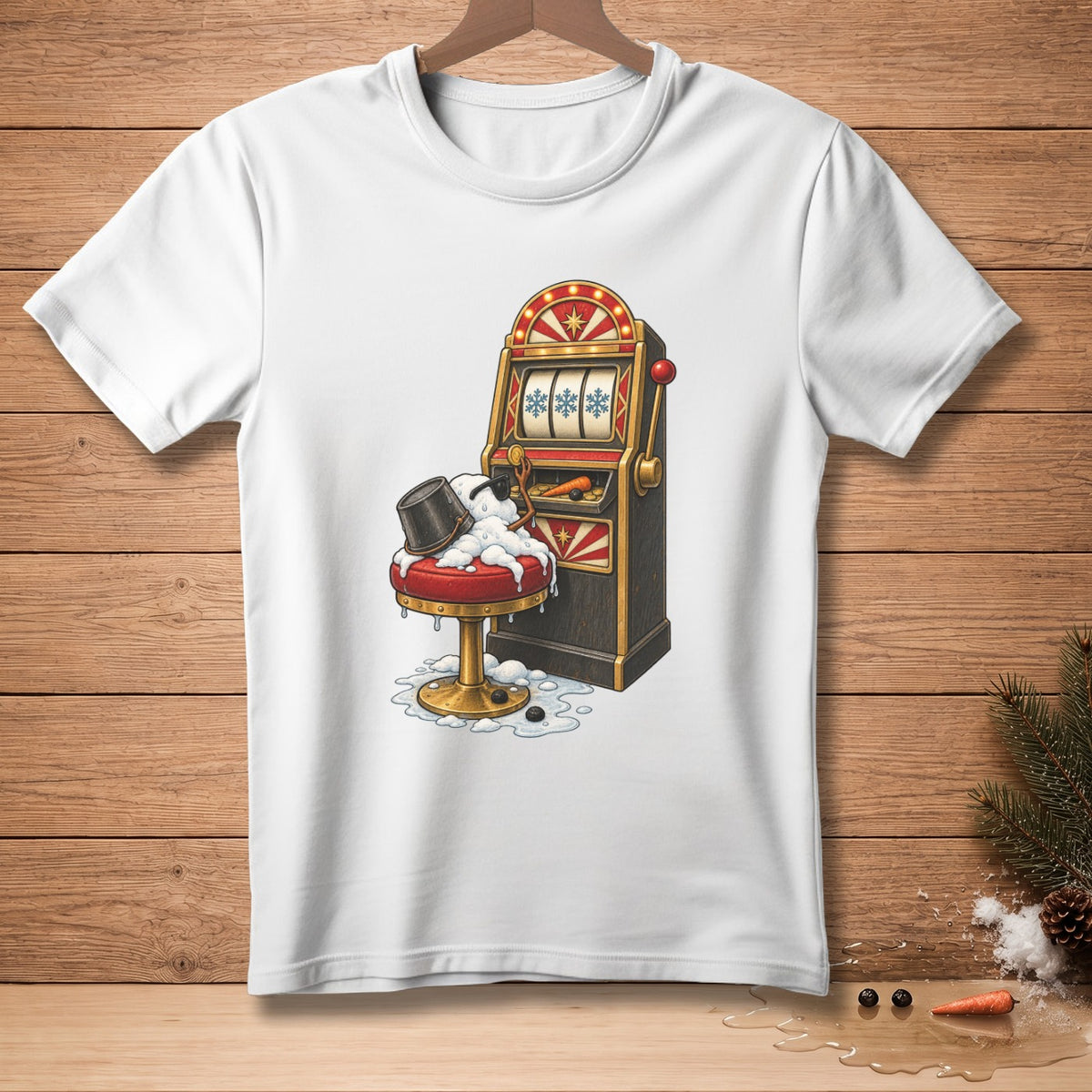 Snowman melts on stool next to slot machine on white t-shirt.