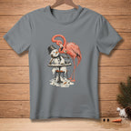 Flamingo offering a drink to a melting snowman sitting at a table.