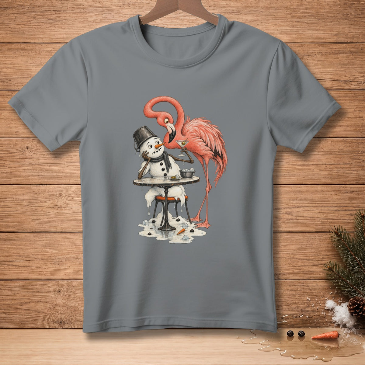 Flamingo offering a drink to a melting snowman sitting at a table.