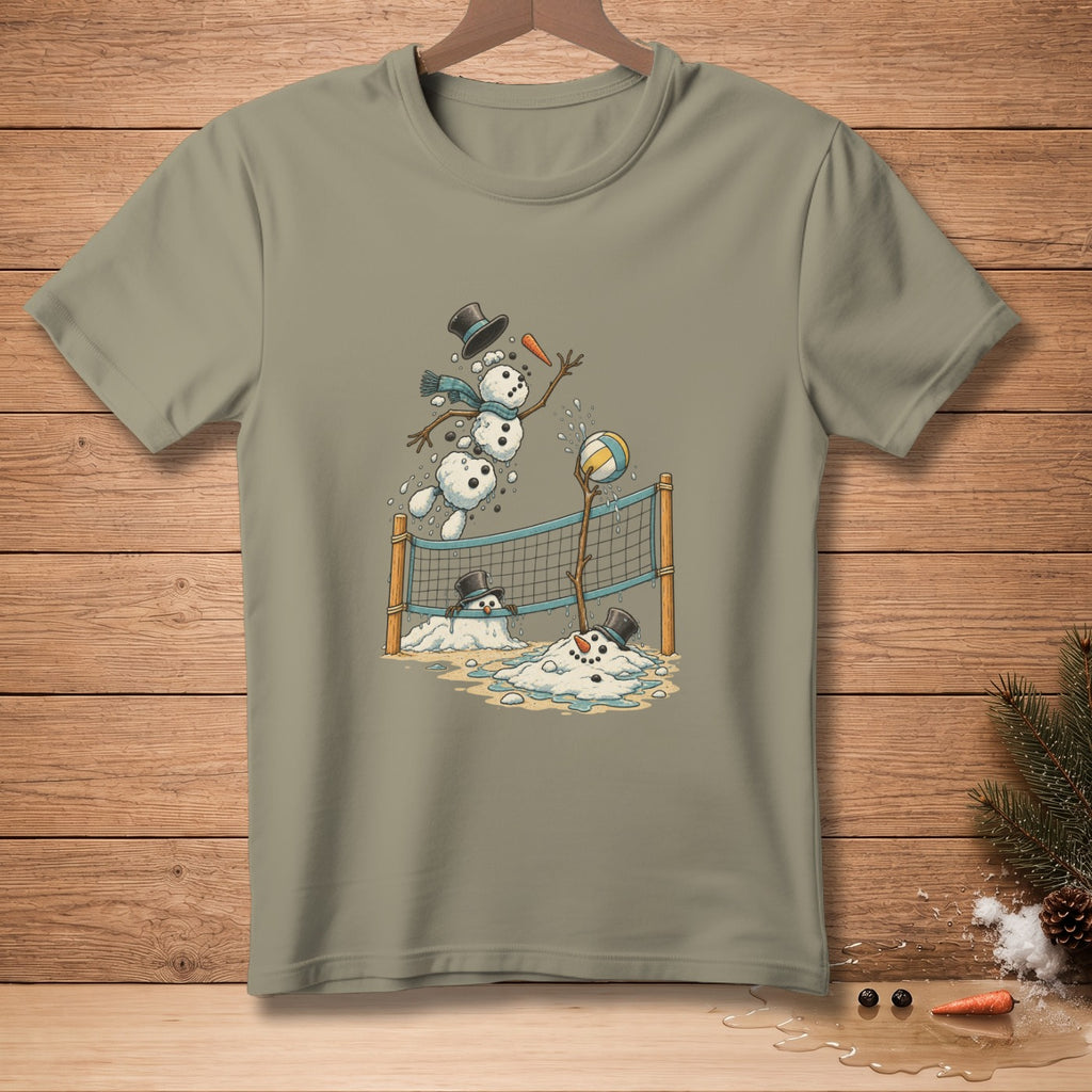 Snowmen playing volleyball in the sand with a net.
