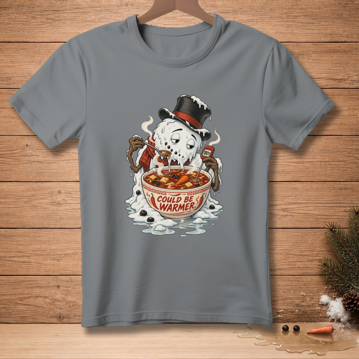 Melting snowman wearing hat and scarf, eating soup with text "Could Be Warmer."