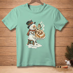 Snowman wearing hat and scarf, melting while eating a cinnamon roll, text "NO REGRETS".