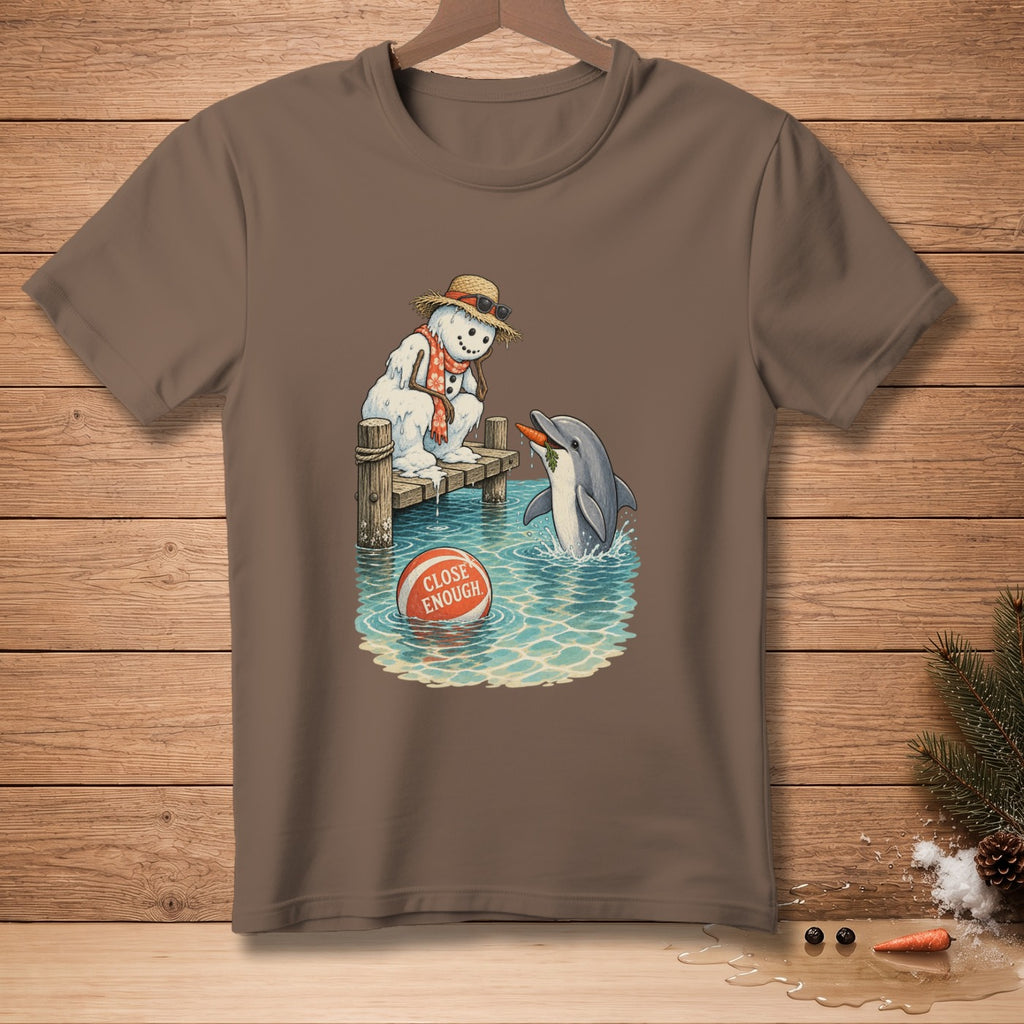 Snowman on dock with sunglasses and scarf gives carrot to dolphin.
