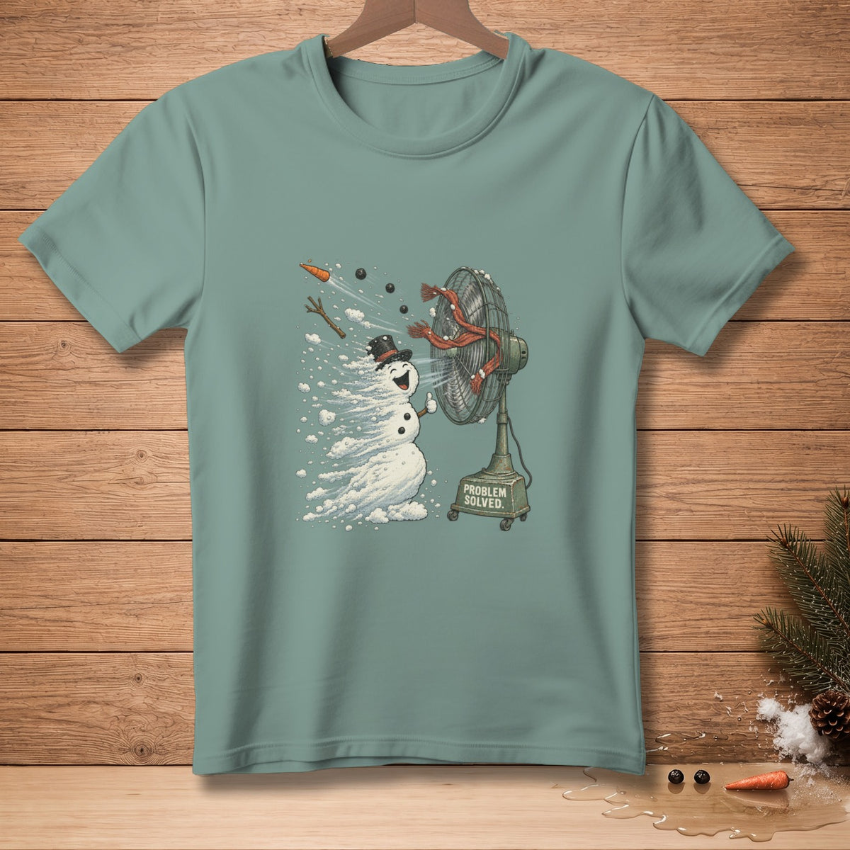 Snowman using fan to blow away snow, "PROBLEM SOLVED." text.