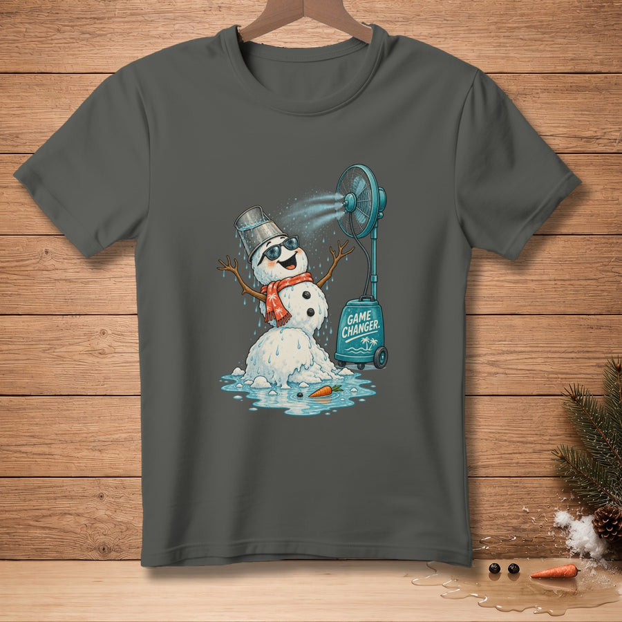 Melting snowman with a fan, wearing sunglasses and scarf, "GAME CHANGER" text.