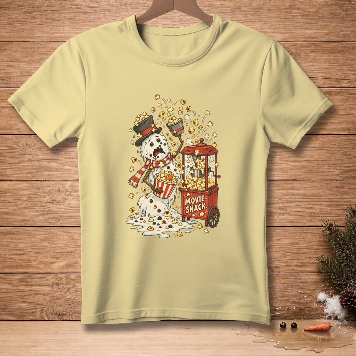 Melting snowman with a popcorn bucket and "Movie Snack" sign.