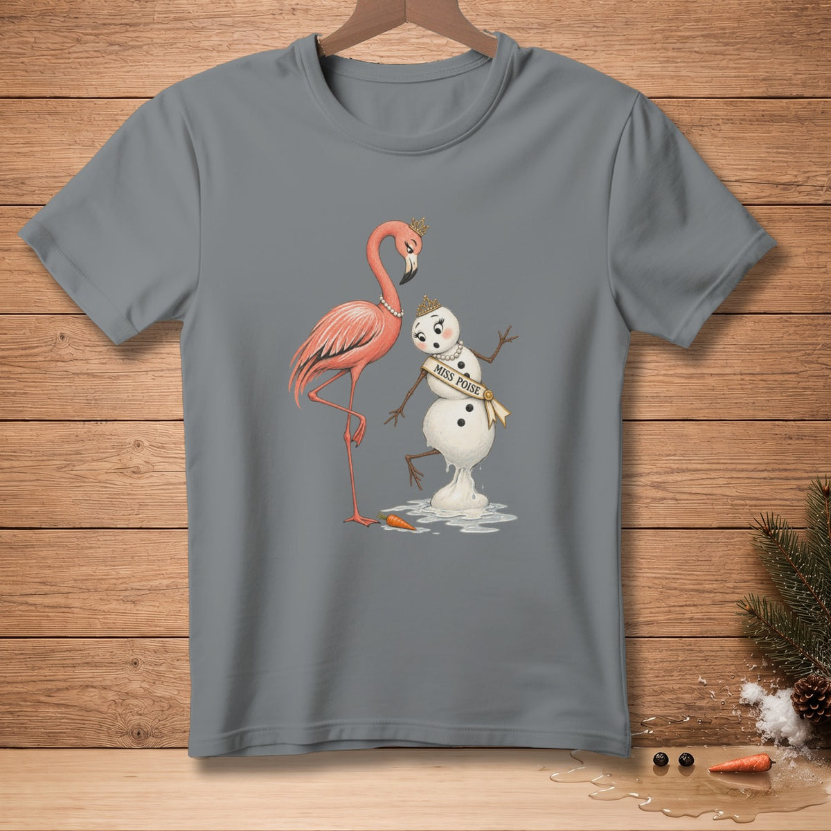 Flamingo and melting snowman with "Miss Poise" sash on a grey t-shirt.