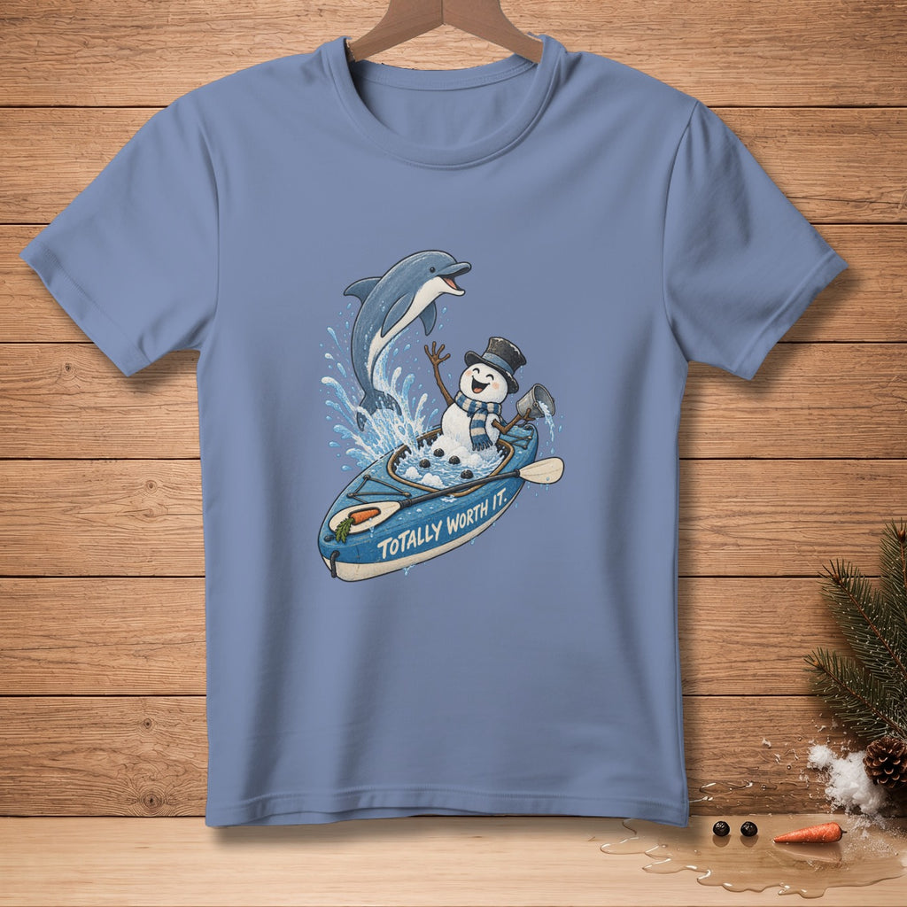 Snowman in a kayak with a dolphin jumping overhead, text reads "Totally Worth It."